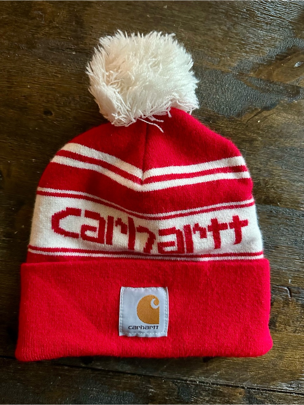 Carhartt Women’s Red & White Pom-Pom Knit Beanie